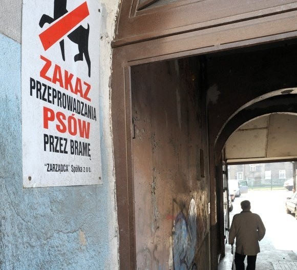 Zakaz przeprowadzania psów przez bramę wisi na ścianie od kilku lat. Gdy wspólnota zamontuje drzwi, znak będzie zdjęty. Na zdjęciu w tle wybieg dla psów za płotem.