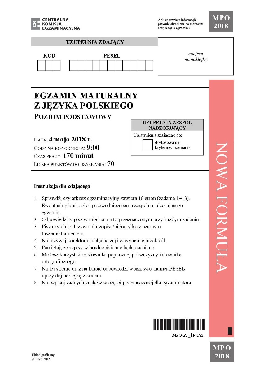 MATURA 2018 JĘZYK POLSKI - TEMATY, PYTANIA, ODPOWIEDZI CKE