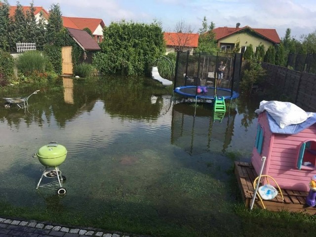 Na osiedlu Topolowym w miejscowości Bytkowo mieszkańcy walczą z wodą, która zalała im ogrody i ulice. Zamiast trawy przed domami są... jeziora