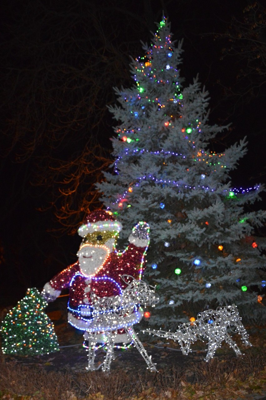 Skawina. W mieście są już świetlne świąteczne dekoracje, m.in. z Mikołajem i choinką. 