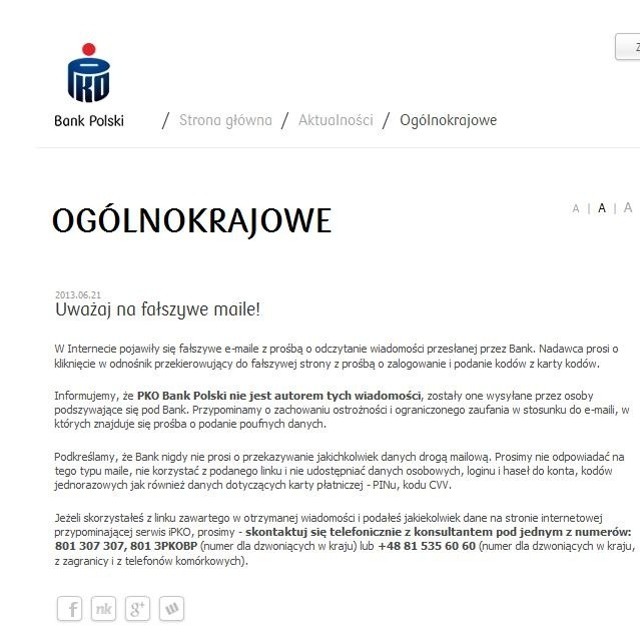 Bank PKO BP ostrzega na swoich stronach internetowych przed fałszywymi mailami