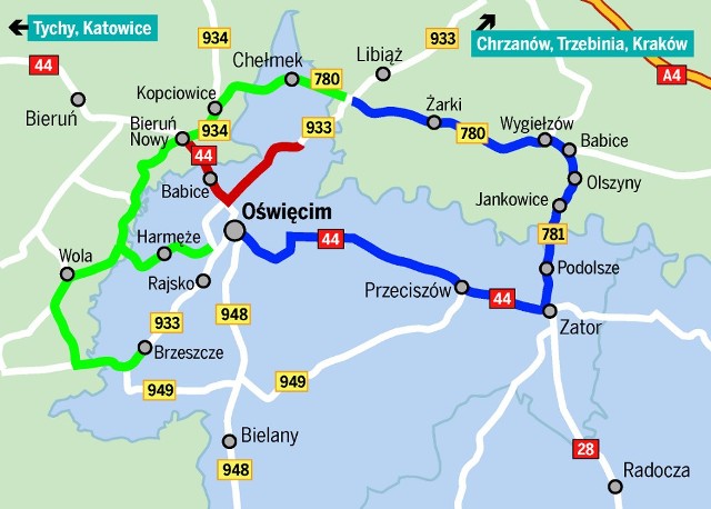 Na czerwono zaznaczyliśmy miejsca, gdzie tworzą się korki. Są dwie możliwości ominięcia tych dróg. Jedna to objazd przez Wygiełzów, Babice, Zator i Przeciszów, a druga przez Chełmek, Bieruń i Wolę