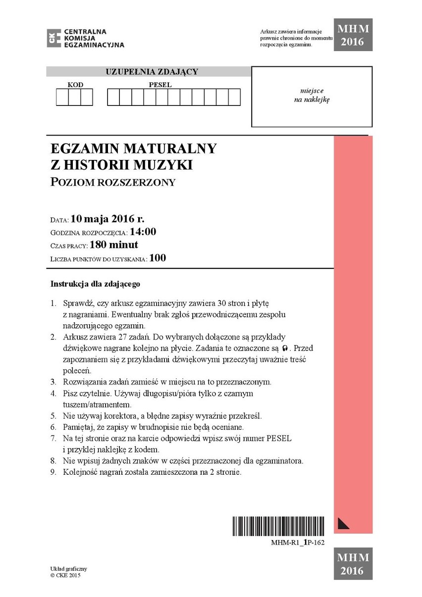 Matura 2016: Historia muzyki [ODPOWIEDZI, ARKUSZ CKE]