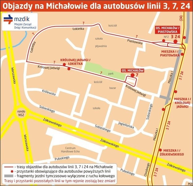 Mapa objazdów na osiedlu Michałów