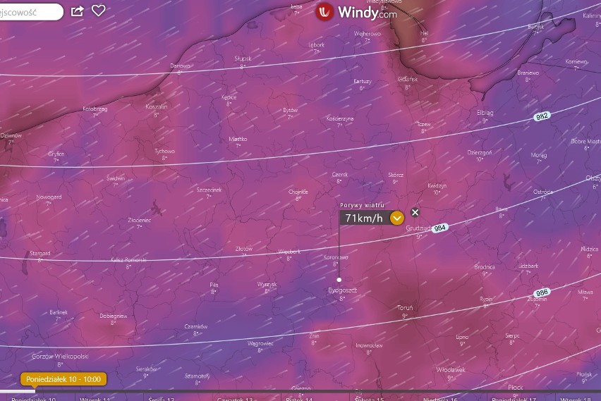 Prognozowana siła porywów wiatru w okolicach Bydgoszczy,...