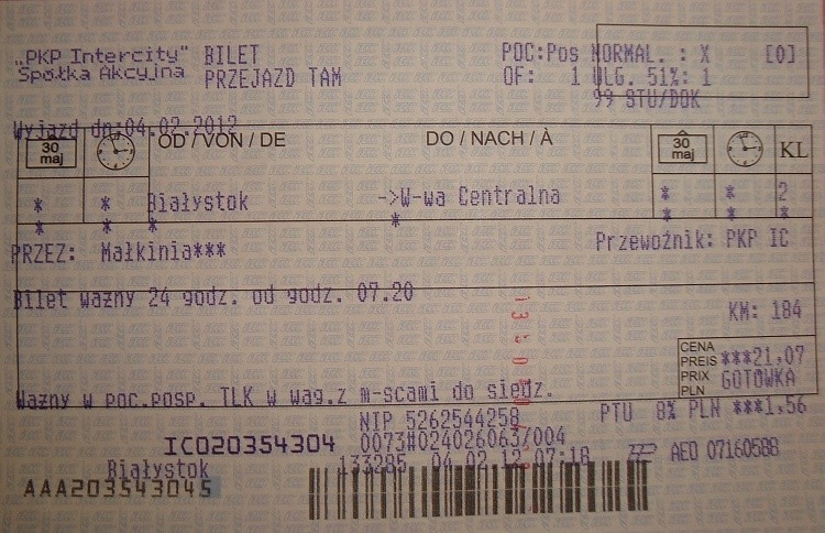 Bilet, który miał zapewnić punktualny przyjazd do Warszawy