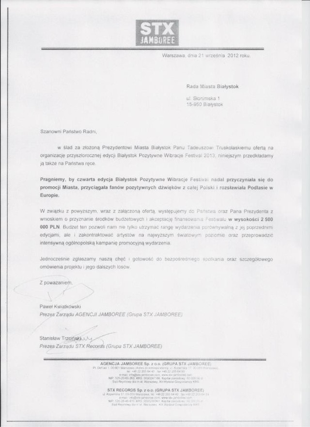 Kopia pisma opublikowana na Facebooku przez białostockiego radnego Rafała Rudnickiego.