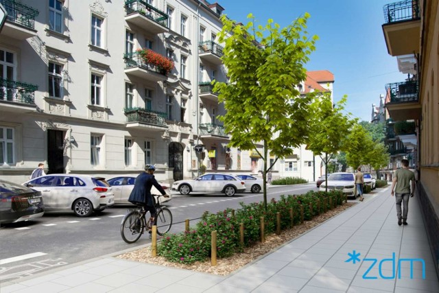 Tak będzie wyglądać ulica Małeckiego w Poznaniu po posadzeniu drzew i krzewów. Nasadzenia zieleni rozpoczną się w przyszłym tygodniu. Będą też prowadzone prace związane z wprowadzeniem strefy parkowania na Łazarzu. Utrudnienia mają potrwać do końca października