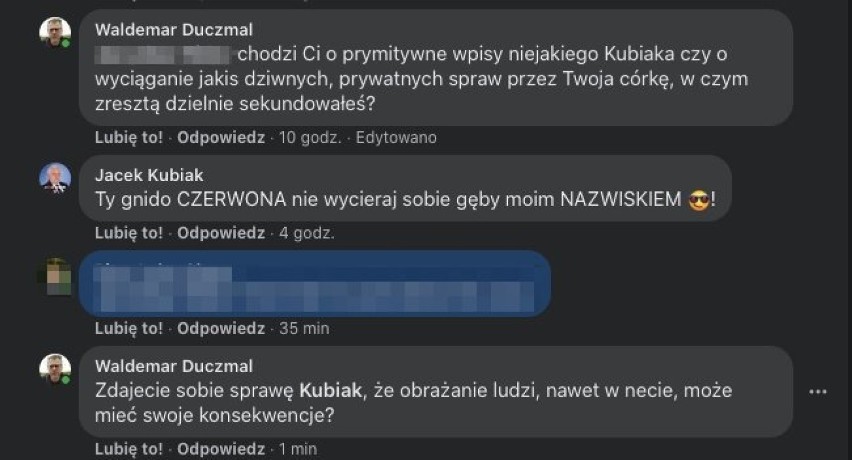 Komentarze radnego Kubiaka pod adresem Waldemara Duczmala.