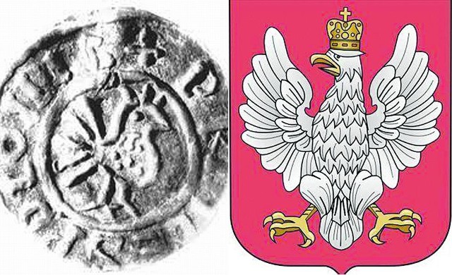 Z lewej orzeł uwieczniony na denarze Bolesława Chrobrego. Z prawej godło obowiązujące przez pierwsze dziewięć lat niepodległości.