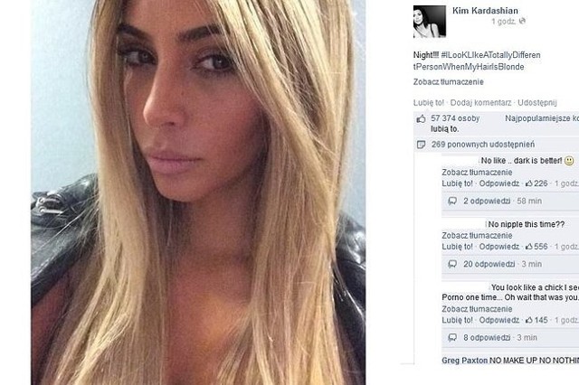 Na Facebooku Kim Kardashian umieściła zdjęcia w wersji blond. Zrezygnowała ze swoich kruczo czarnych włosów?Dalej>>CZYTAJ TAKŻE:JAKI JEST ROZMIAR PUPY KIM KARDASHIAN?KIM KARDASHIAN PŁYWA Z DELFINAMI! [WIDEO](fot. screen z Facebook.com)
