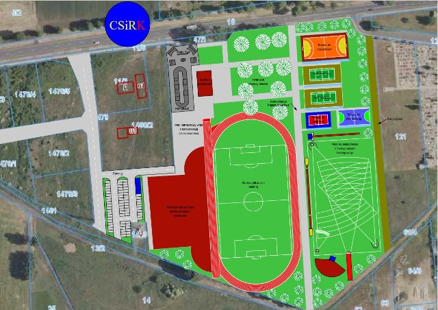 Wstępna wizualizacja zakłada  budowę hali sportowej, boiska lekkoatletycznego, boisk do koszykówki, piłki siatkowej oraz do gry w tenisa ziemnego