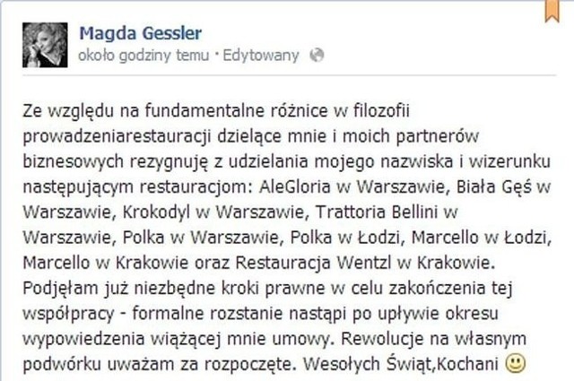 Oficjalne oświadczenie Magdy Gessler pojawiło się na jej profilu na Facebooku.(fot. screen Facebook.com)