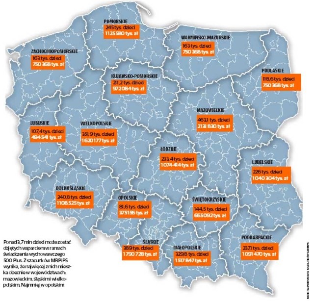 Program Rodzina 500+ w 2016 r. będzie kosztował 17,055 mld zł. na mapie podział tej kwoty na województwa