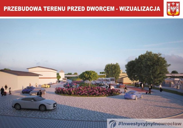 Tak po remoncie będzie wyglądał teren przed dworcem PKP w Inowrocławiu. Autobusy miejskie wrócą tam za ok. pół roku