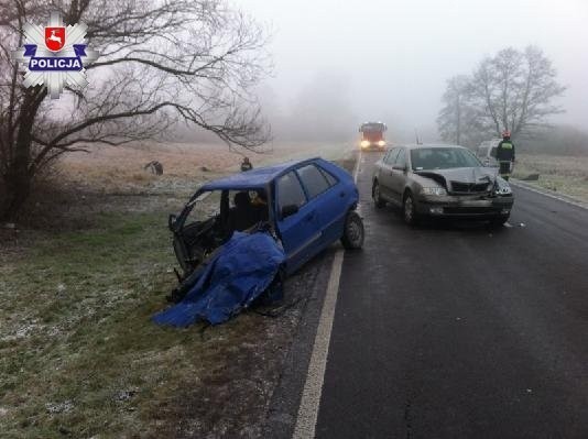 Wypadek w Kolonii Wytyczno. Wyprzedzał we mgle, zderzył się czołowo z busem. Cztery osoby trafiły do szpitala (ZDJĘCIA)
