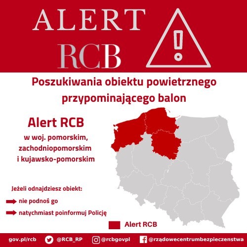 Alert RCB dla województwa zachodniopomorskiego. "Trwają poszukiwania obiektu"