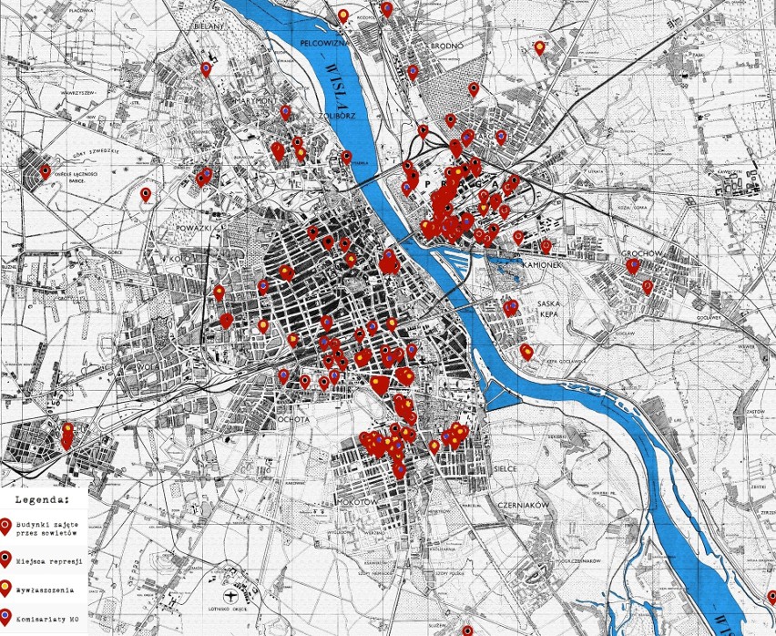 "Czerwona mapa Warszawy" na której zaznaczone są areszty...