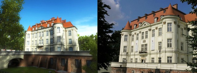 Na obrazku po lewej stronie jest ujęcie z aplikacji a po prawej fotografia rzeczywistego Pałacu