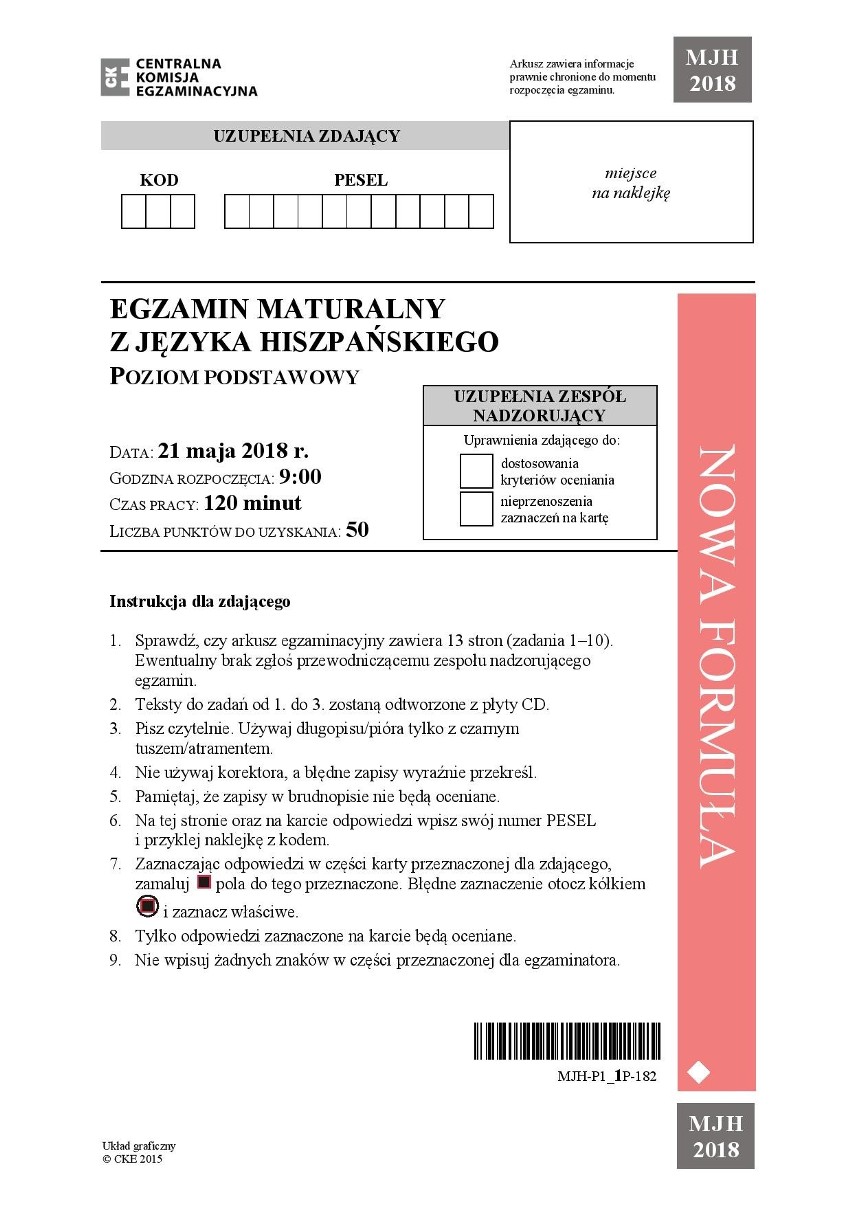 MATURA 2018: JĘZYK HISZPAŃSKI PODSTAWOWY [ODPOWIEDZI, ARKUSZE CKE, ZADANIA]