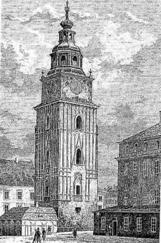 Wieża Ratuszowa z odwachem na Rynku Głównym. Rysunek z połowy XIX w. Fot. Archiwum