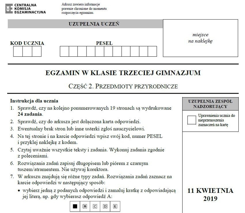 Egzamin gimnazjalny 2019. PRZYRODA ARKUSZ I ODPOWIEDZI. Testy gimnazjalne: biologia, chemia, fizyka, geografia (cz. przyrodnicza) 11.04.2019