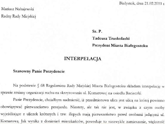 Interpelacja radnego Mariusza Nahajewskiego