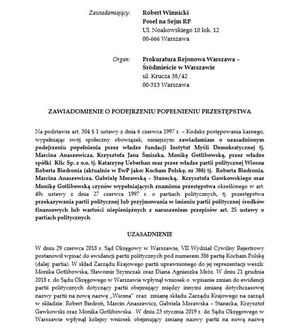 Robert Winnicki składa zawiadomienie do prokuratury ws. finansowania partii Wiosna Roberta Biedronia