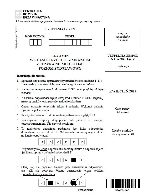 Egzamin gimnazjalny 2014 - arkusze z języka niemieckiego, poziom podstawowy