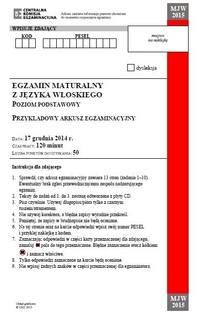 Próbna MATURA 2015 z języka włoskiego