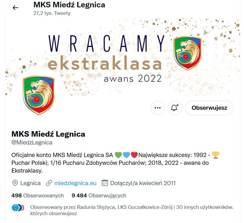 17. miejsce: Miedź Legnica - 9.484 obserwujących na...