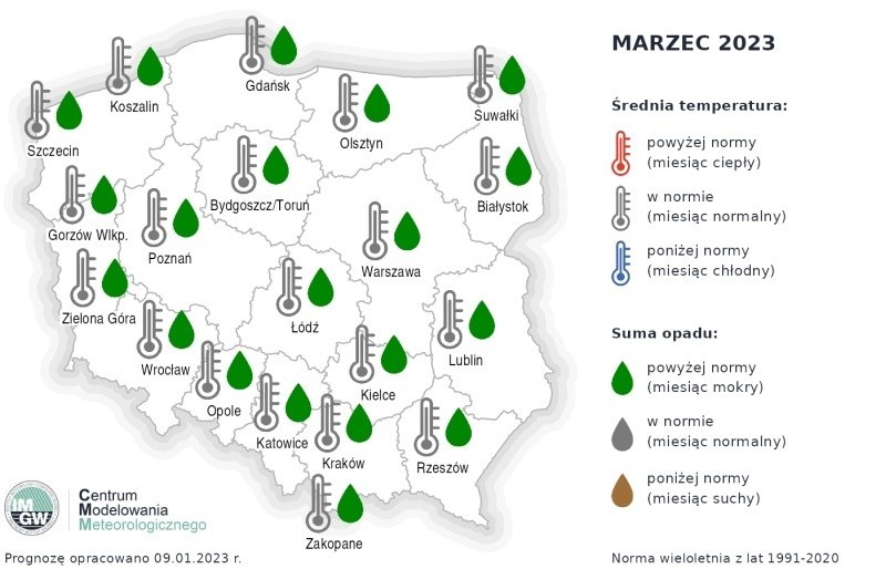 Marzec 2023 - prognoza średnich temperatur i opadów