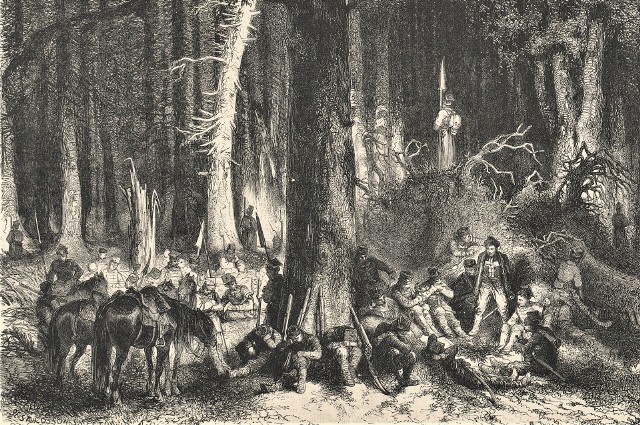 Postój polskich ochotników w lasach Litwy. Grafika z francuskiego pisma L'Illustration Journal Universel 1863 r.