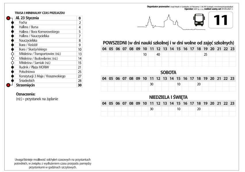Autobusy linii nr 11 w Grudziądzu kursować będą z al. 23...