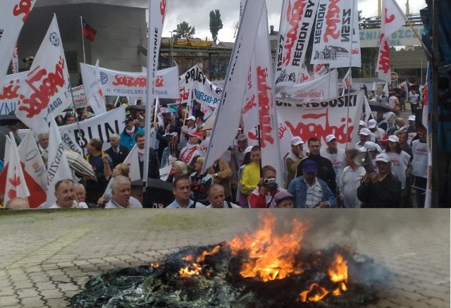 Demonstracja związkowców przed bramą Stoczni Szczecińskiej, godz 12.28.