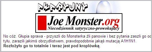 Zamiast wejści na portal na stronie JoeMonster pojawia się komunikat informujący o ataku na stronę.
