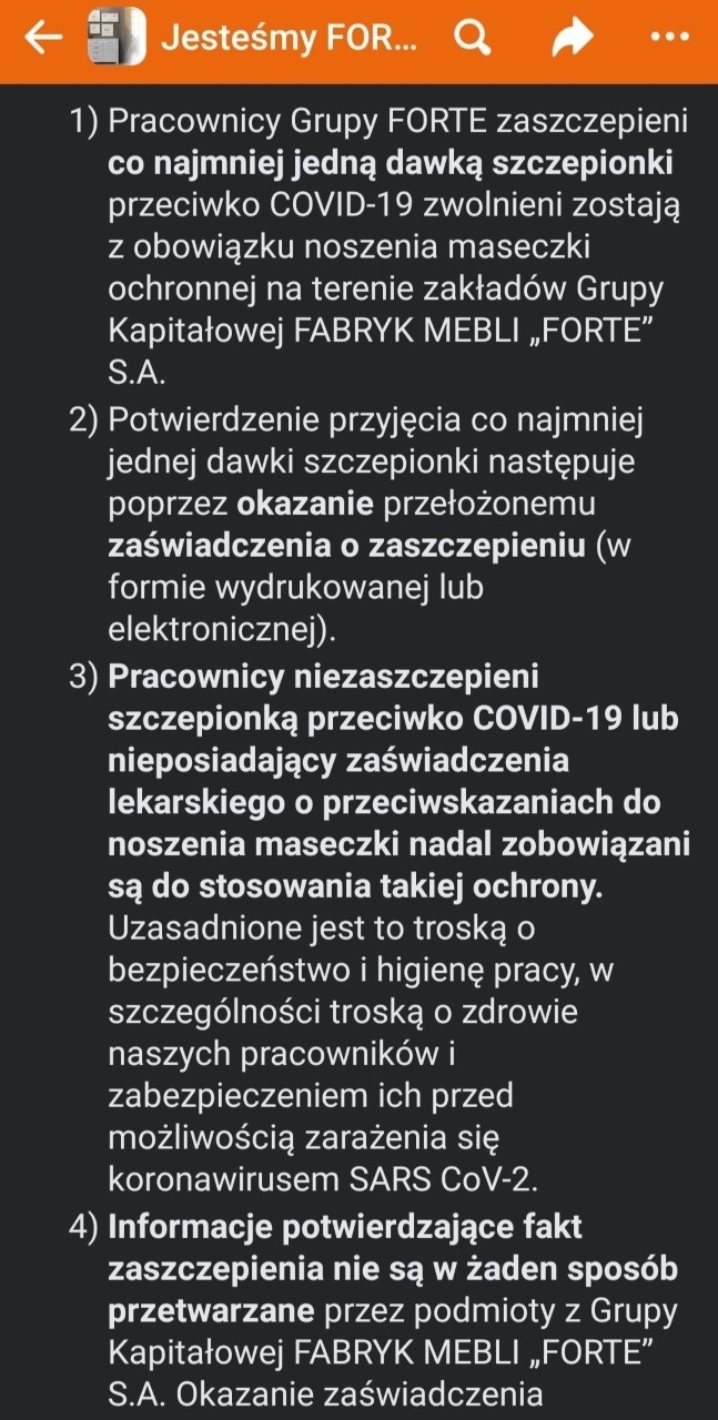 W Fabrykach Mebli Forte szczepienie z zaświadczeniem albo praca w maseczkach. Pracownicy: To dyskryminacja