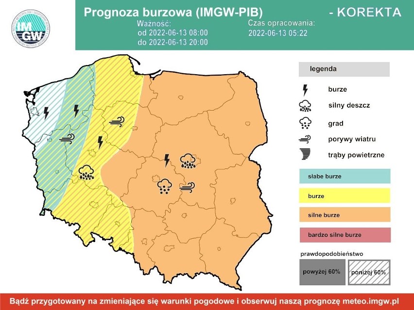 Ostrzeżenie przed burzami z gradem, poniedziałek 13 czerwca