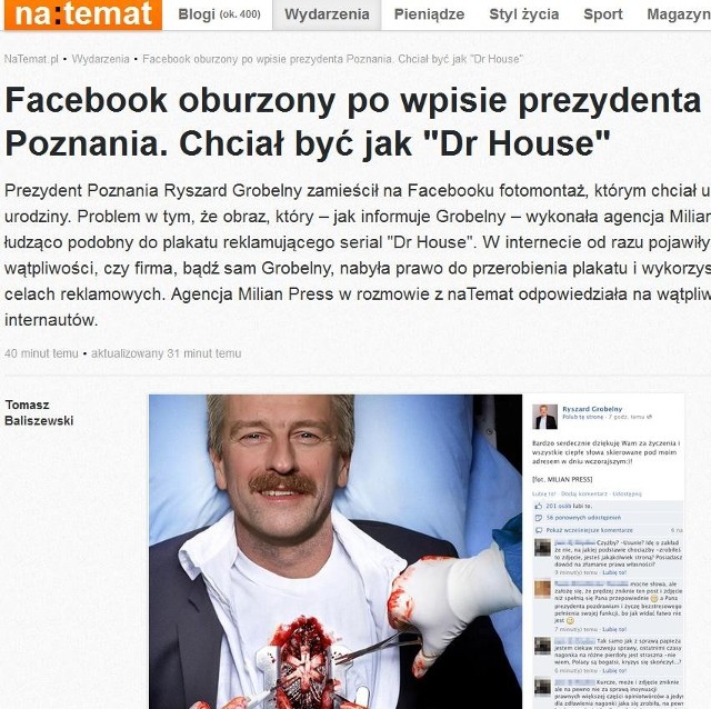 O fotomontażu, który prezydent Ryszard Grobelny umieścił na swoim facebooku mówią wszystkie media