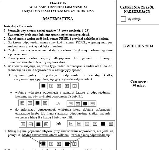 Egzamin gimnazjalny 2014 MATEMATYKA: Figury i potęgi na teście - ARKUSZE CKE - ODPOWIEDZI - KLUCZ