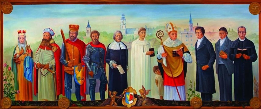 Na obrazie stoją od lewej: św. Jadwiga Śląska, książę Henryk...