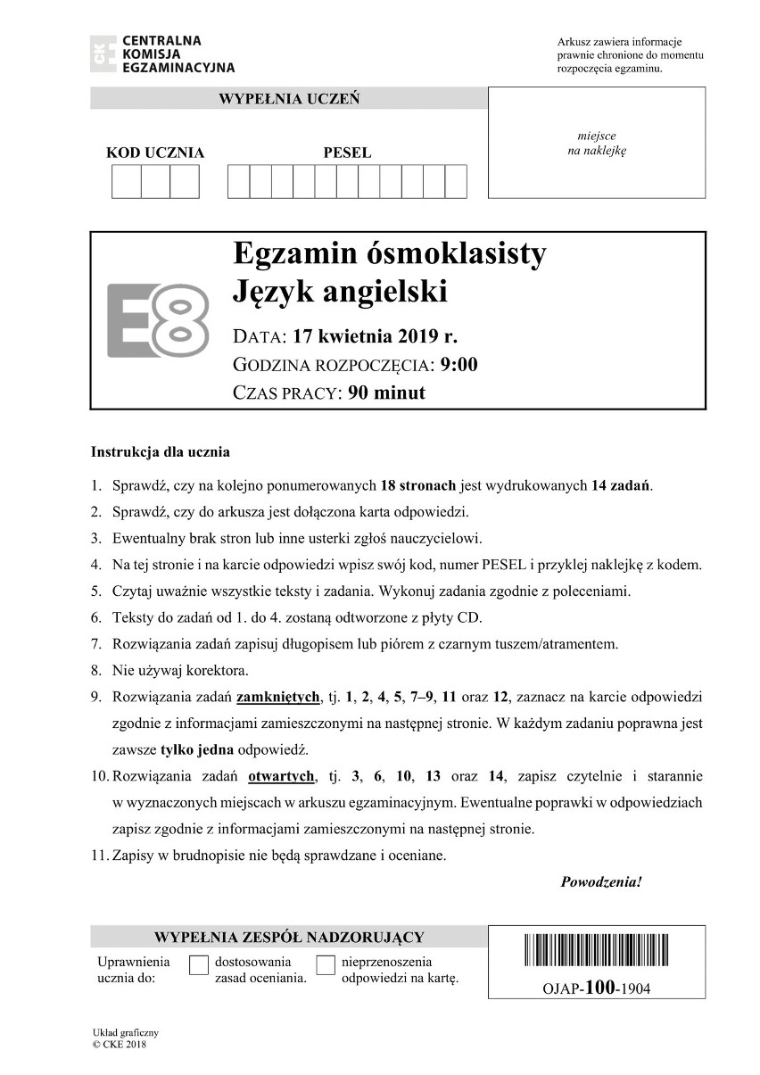 Egzamin ósmoklasisty JĘZYK ANGIELSKI ODPOWIEDZI POPRAWNE i ARKUSZ ZADAŃ CKE  + TRANSKYPCJA 17.04.2019 | Dziennik Zachodni