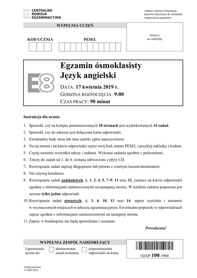 Egzamin ósmoklasisty JĘZYK ANGIELSKI ODPOWIEDZI POPRAWNE i ARKUSZ ZADAŃ CKE  + TRANSKYPCJA 17.04.2019 | Dziennik Zachodni