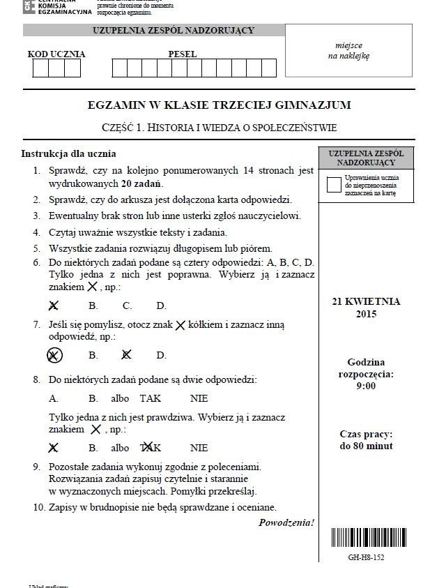 Egzamin gimnazjalny 2015 [CZ. HUMANISTYCZNA HISTORIA, WOS, POLSKI] PYTANIA  + ODPOWIEDZI | Gazeta Krakowska