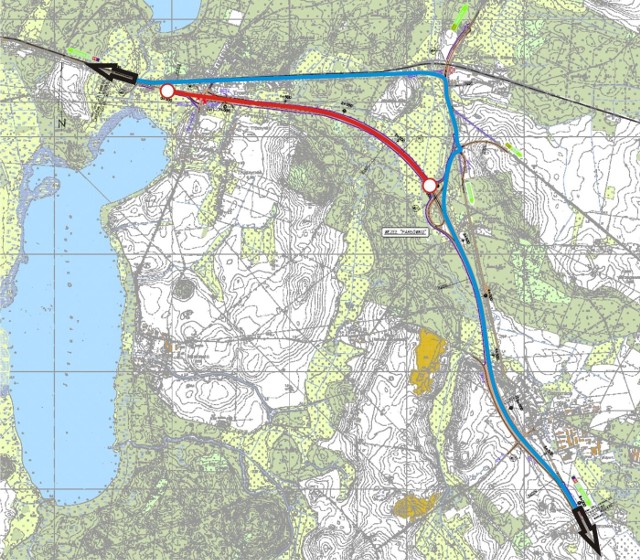 Mapka z zaznaczoną na niebiesko trasą objazdu dla pojazdów poruszających się DK nr 3.