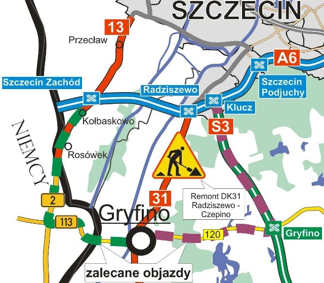 o nie musi, niech lepiej od dzisiaj nie jedzie „starą” drogą nr 31 łączącą Szczecin i Gryfino. Lepiej wybrać objazdy przez S3 (prawa strona mapy) lub przez Mescherin i Rosówek (lewa strona)