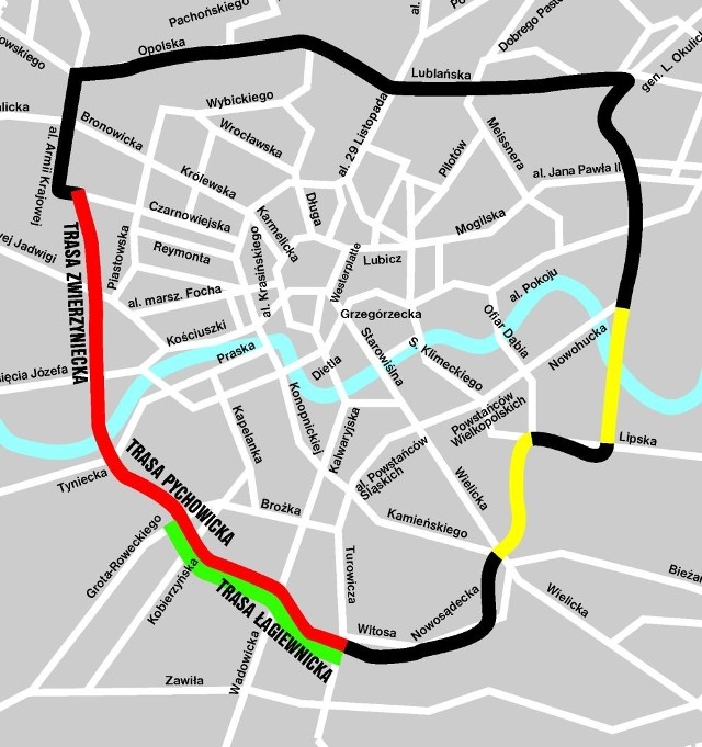Na czerwono zaznaczone są trasy, które miasto miało wybudować wspólnie z PIR, na zielono odcinek, który ma powstać jako pierwszy. Czarny kolor to gotowe już odcinki trzeciej obwodnicy Krakowa,  żółty to fragmenty, które muszą powstać w przyszłości.