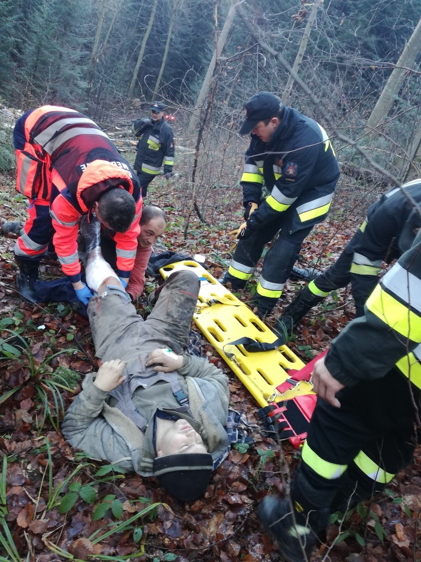Ratownicy i strażacy, ratując rannego, transportowali go przez leśną głuszę [ZDJĘCIA]