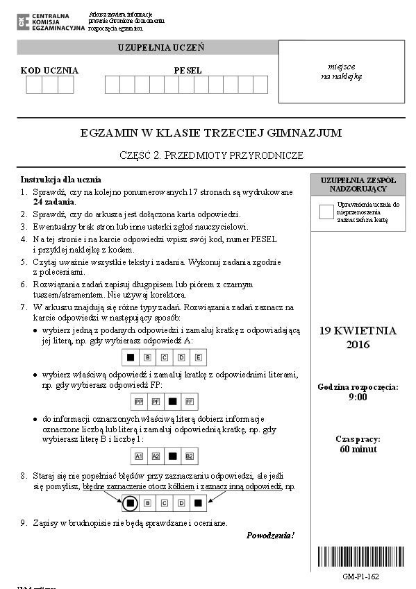 EGZAMIN GIMNAZJALNY 2016: PRZYRODA: biologia, chemia, fizyka [ARKUSZ CKE, ZADANIA]