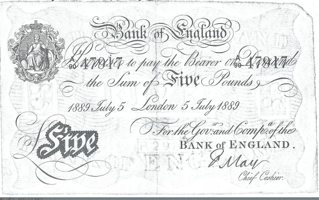 Funt (na zdjęciu pięciofuntowy banknot z 1889 r.) był walutą globalną przez cały XIX w. W wieku XX w tej roli zastąpił go dolar.